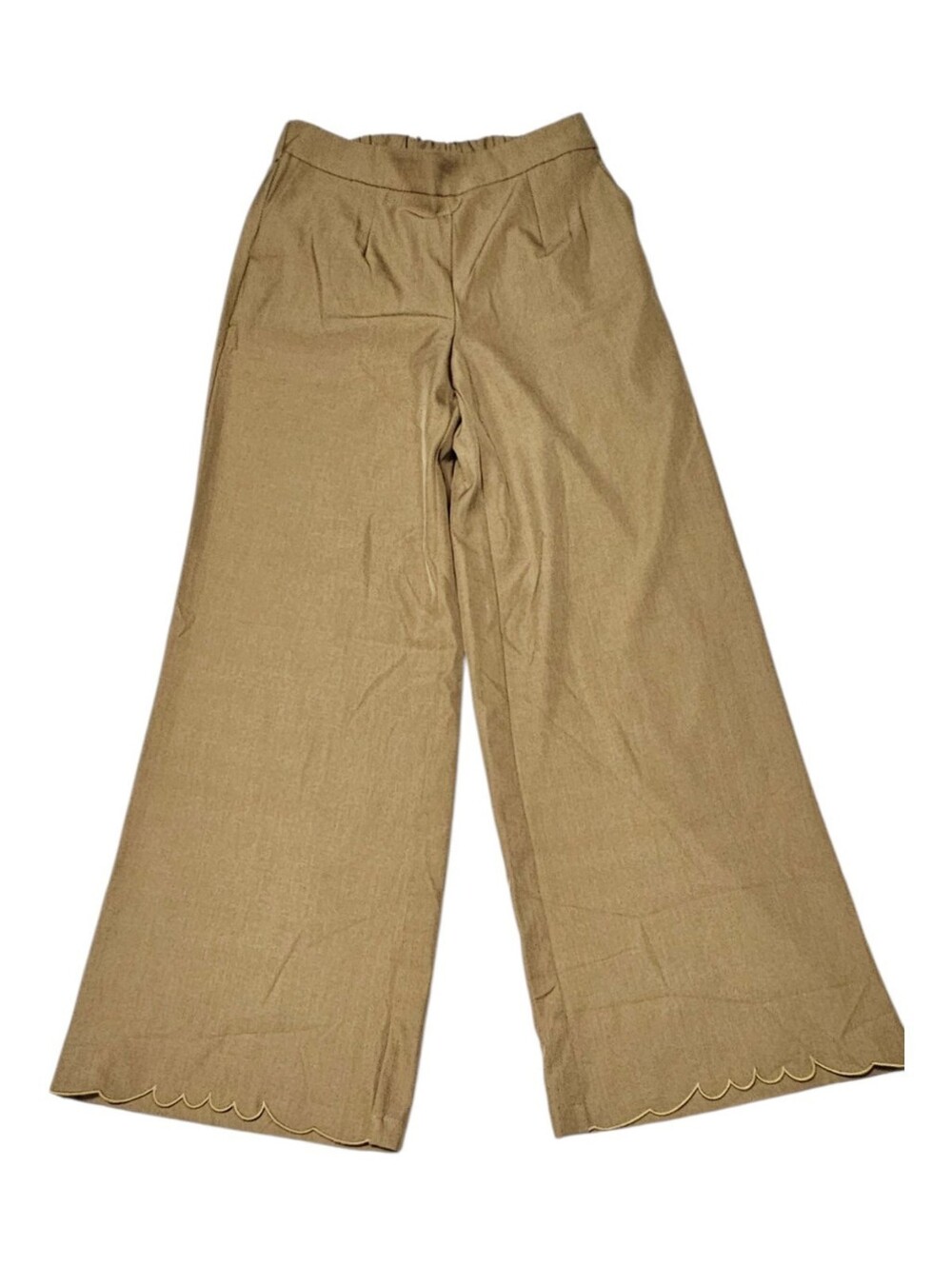 Wide Leg Scallop Hem Pants in Light Brown. M